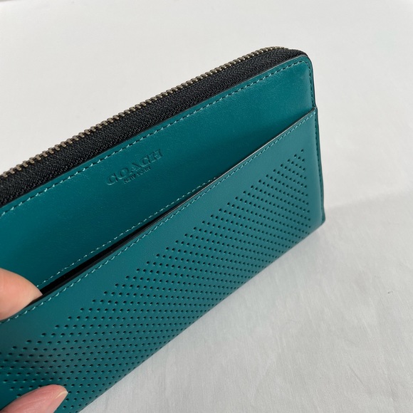 NEW COACH Graphite Men Accordion Zip Perforated Leather Green F58104 Wallet - Picture 4 of 5